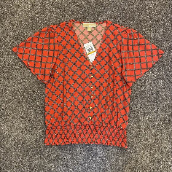 Michael Kors Women's Blouse Sea Coral Short Sleeves V-Neck Top Size S - NWT $98 - Picture 2 of 14